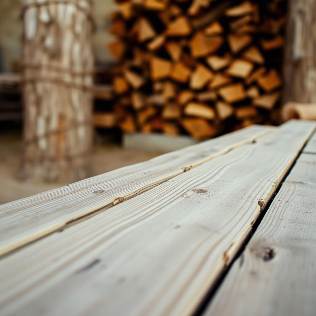Détail de planches de pin et de bûches empilées