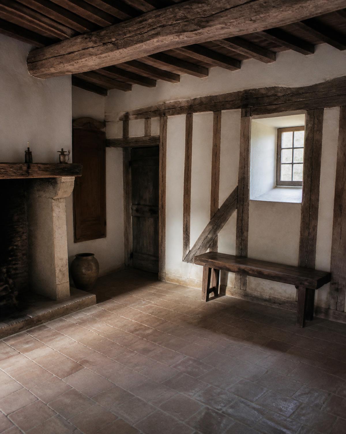 Intérieur ancien à colombages, sol de tomettes et cheminée de pierre